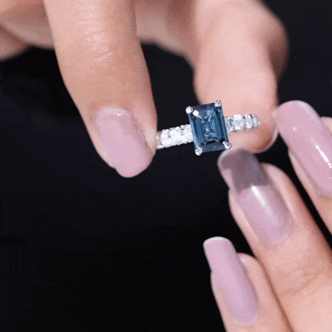 Emerald Cut London Blue Topaz Engagement Ring with Diamond