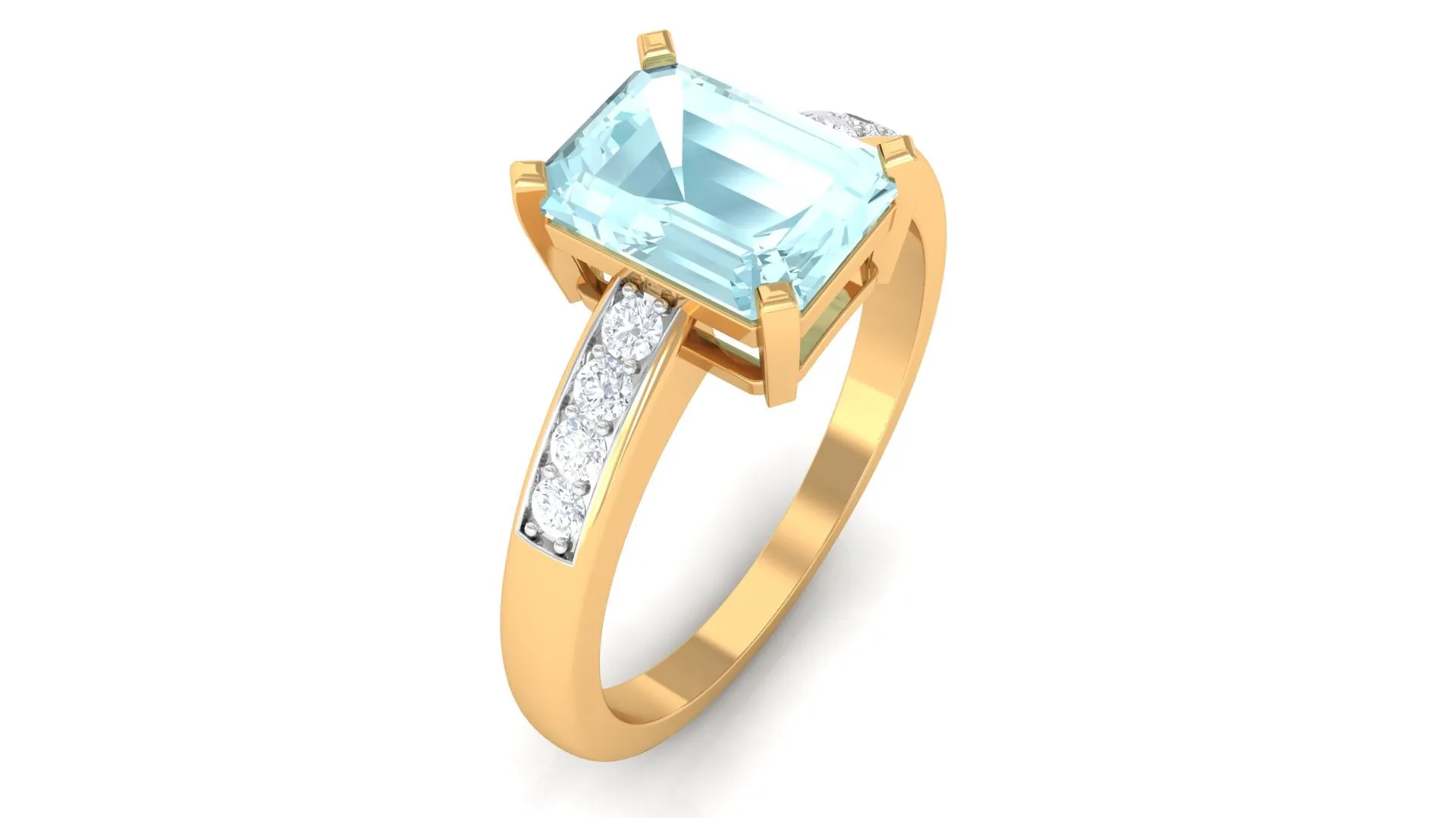 Emerald Cut Shape Sky Blue Topaz Solitaire Engagement Ring with Diamond Side Stones