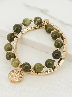 Envy Double Strand Beaded Pendant Bracelet - Gold & Green