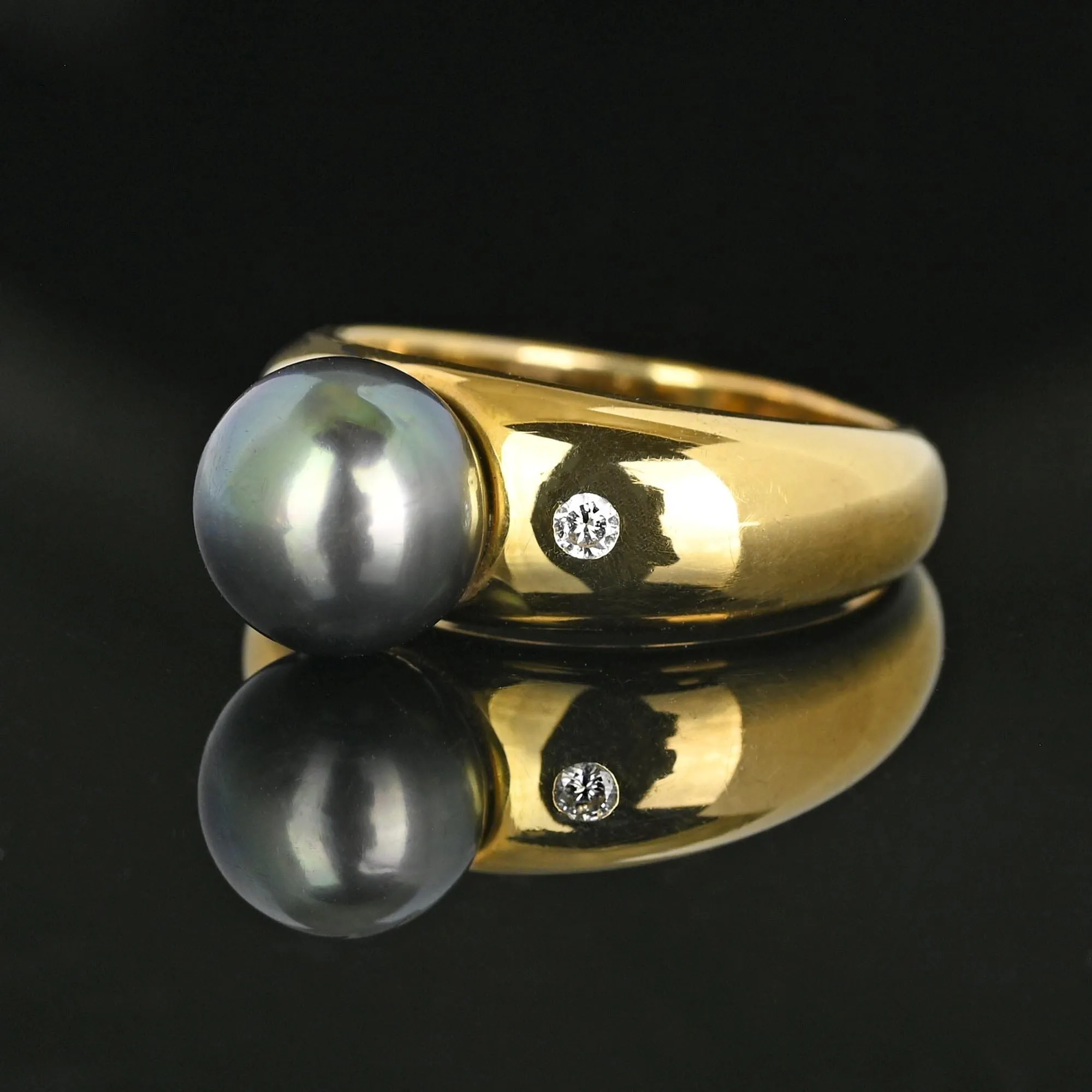 French 18K Gold Diamond Accent Tahitian Black Pearl Ring