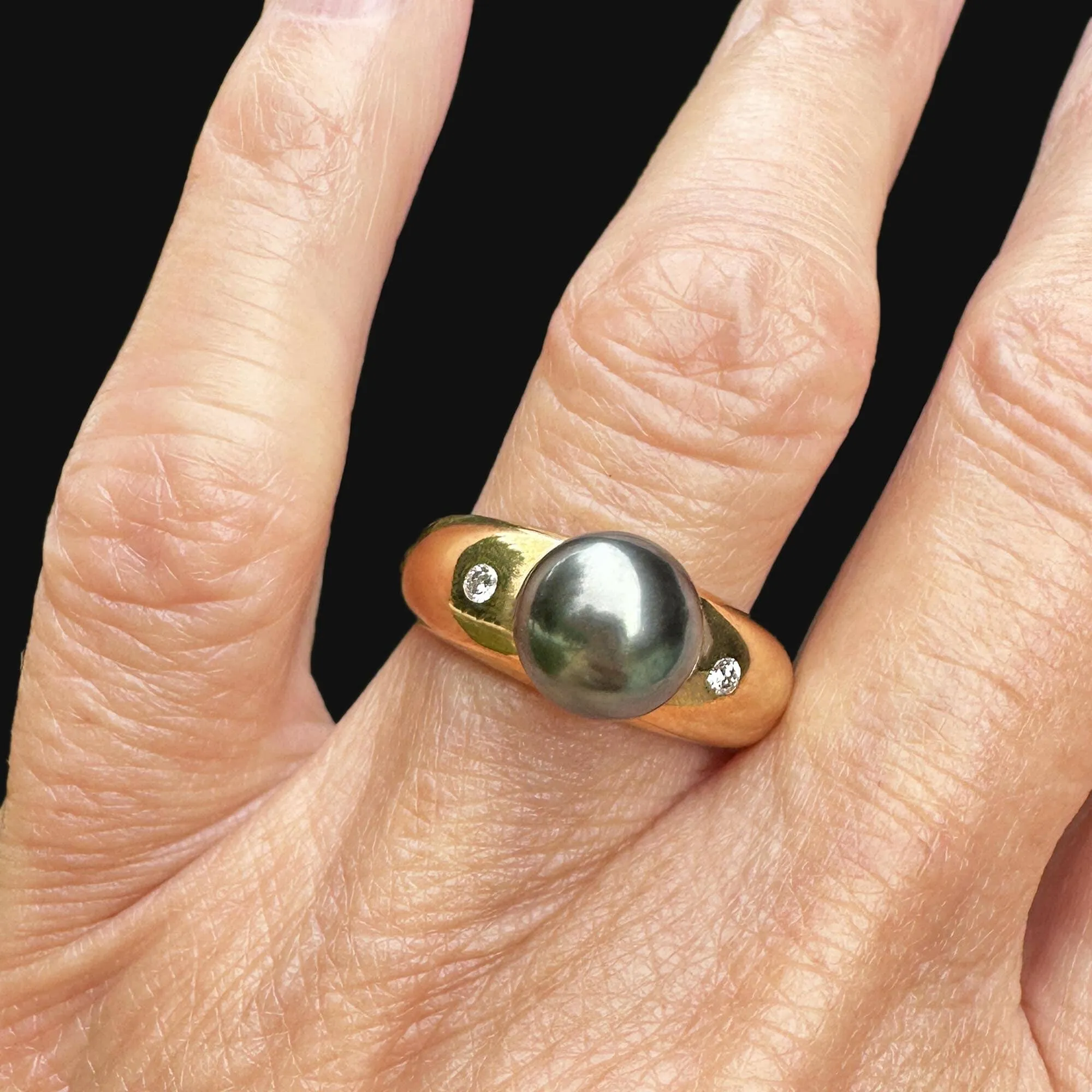 French 18K Gold Diamond Accent Tahitian Black Pearl Ring