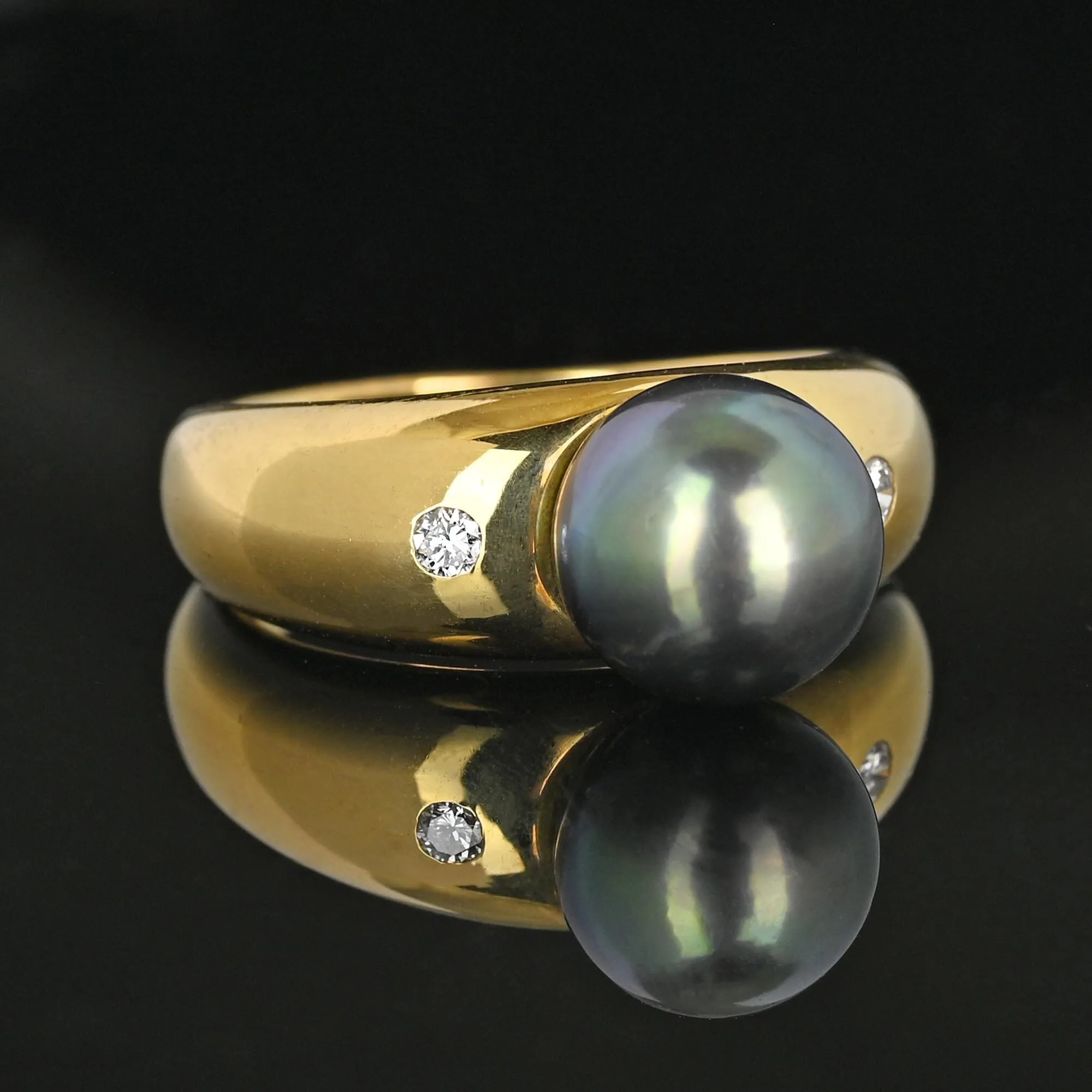 French 18K Gold Diamond Accent Tahitian Black Pearl Ring