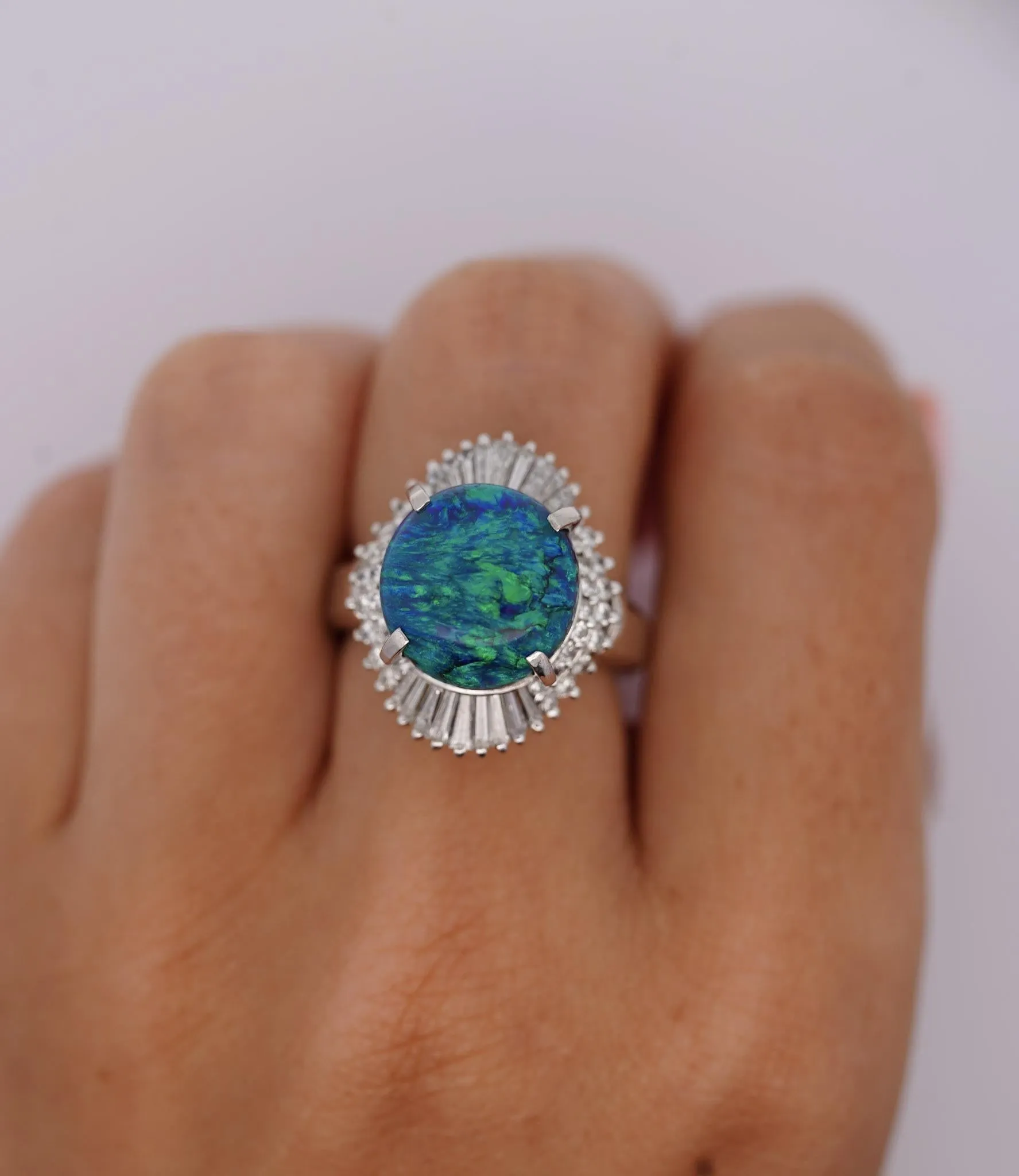 GIA Certified 5.38 Carat Black Opal and Diamond Ballerina Vintage Platinum Ring