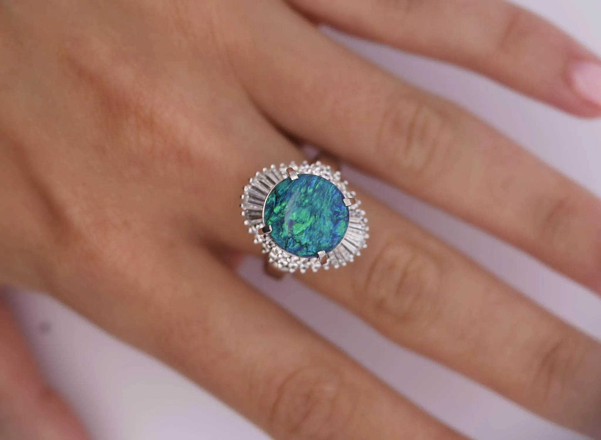 GIA Certified 5.38 Carat Black Opal and Diamond Ballerina Vintage Platinum Ring