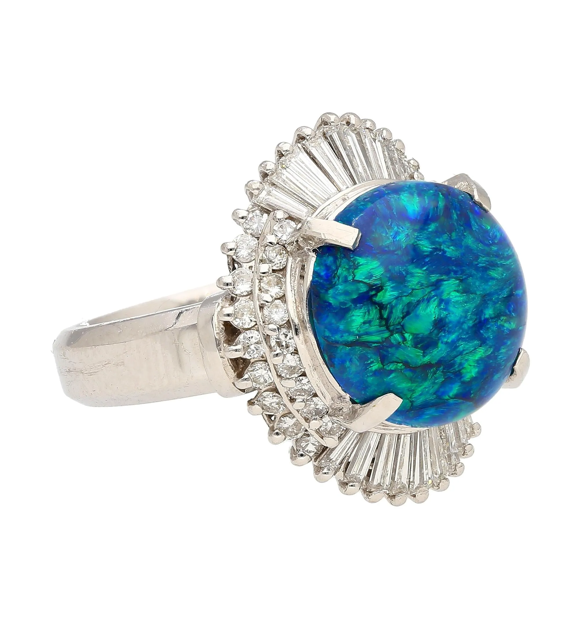 GIA Certified 5.38 Carat Black Opal and Diamond Ballerina Vintage Platinum Ring