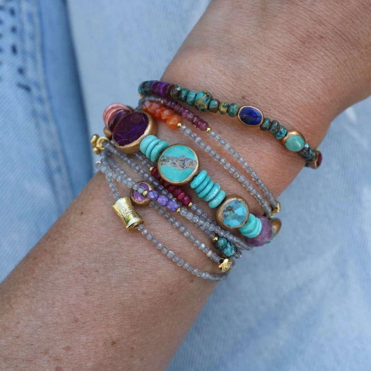 Gold Lapis, Purple & Blue Turquoise Ovals Bracelet