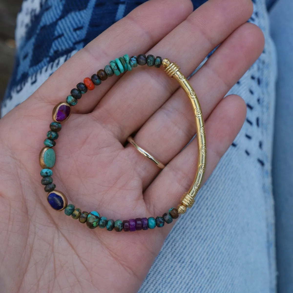 Gold Lapis, Purple & Blue Turquoise Ovals Bracelet