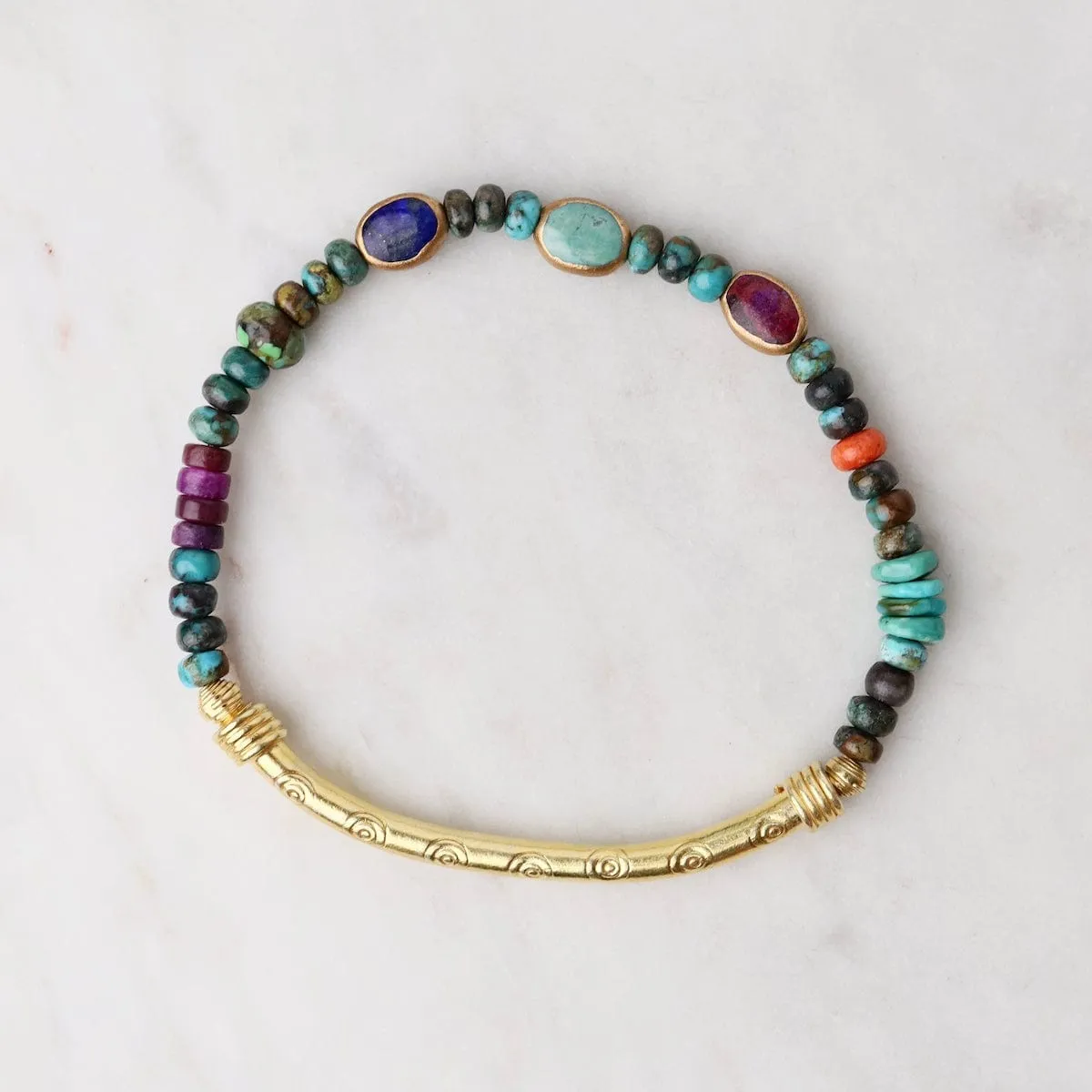 Gold Lapis, Purple & Blue Turquoise Ovals Bracelet