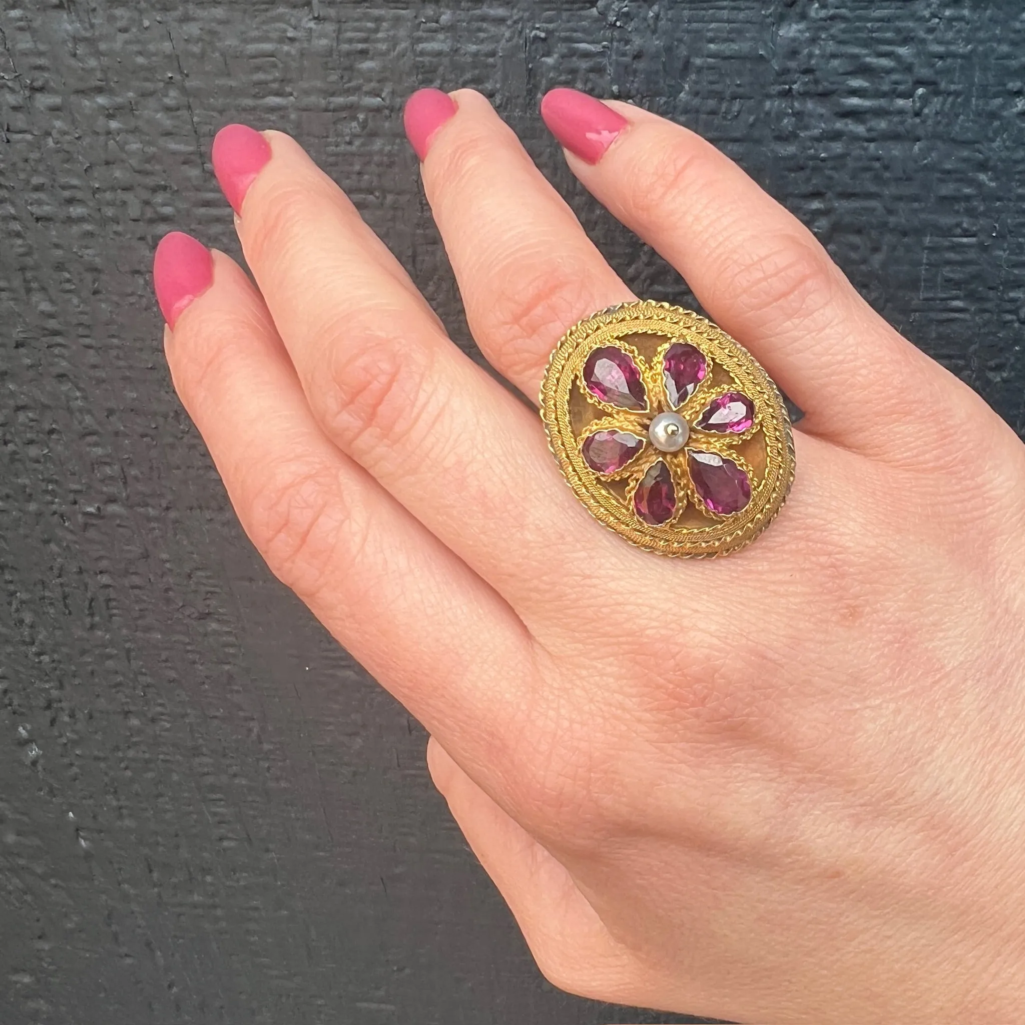 Gorgeous Georgian Garnet & Gold Cannetille Dome Ring