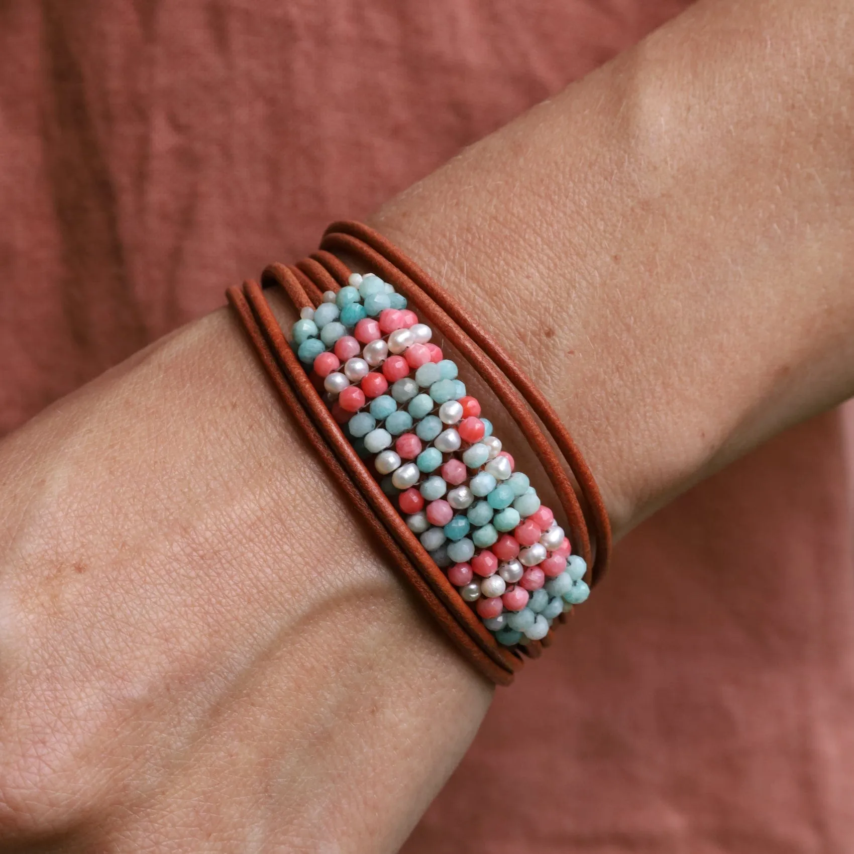 Hand Stitched Amazonite, Pearl & Coral Bracelet