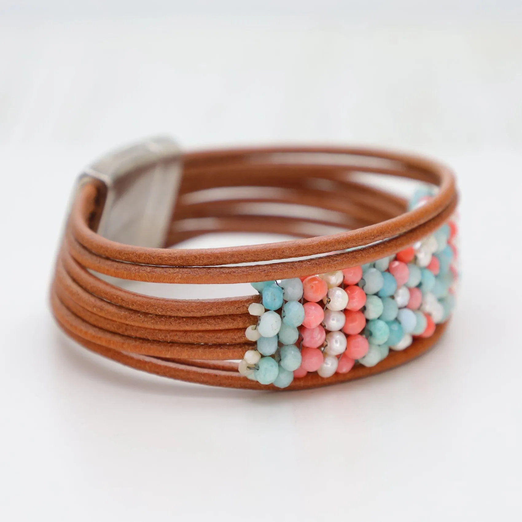 Hand Stitched Amazonite, Pearl & Coral Bracelet