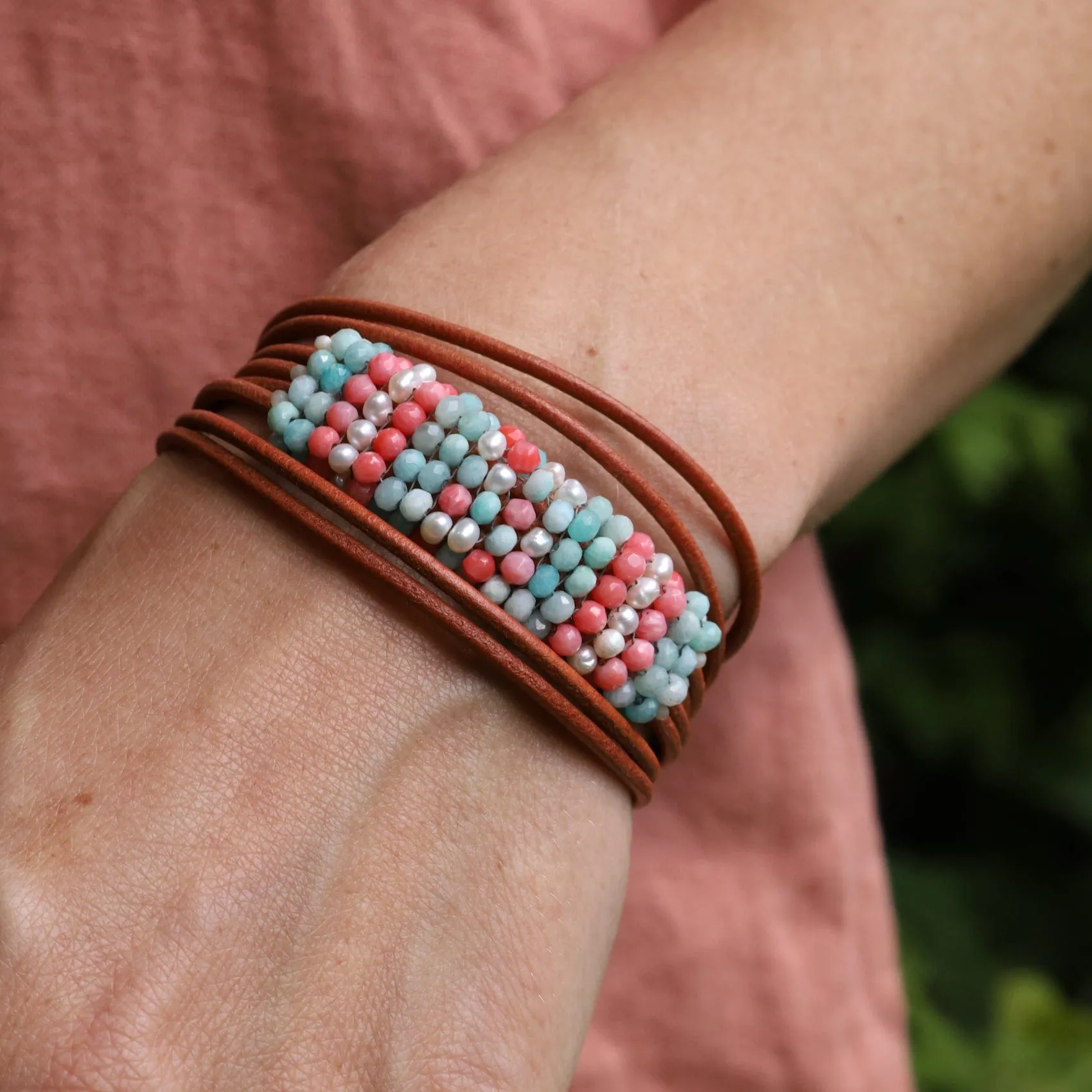 Hand Stitched Amazonite, Pearl & Coral Bracelet