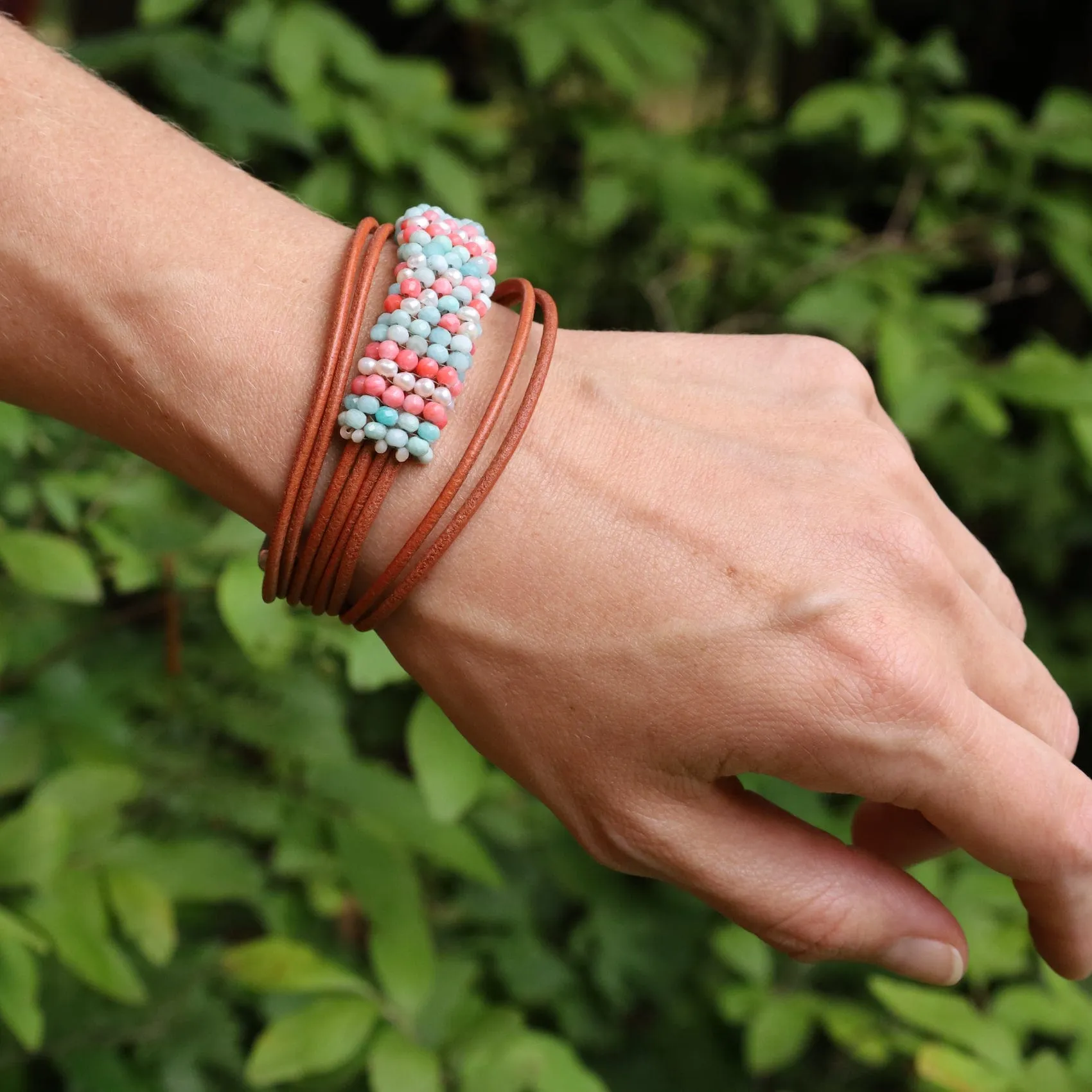 Hand Stitched Amazonite, Pearl & Coral Bracelet