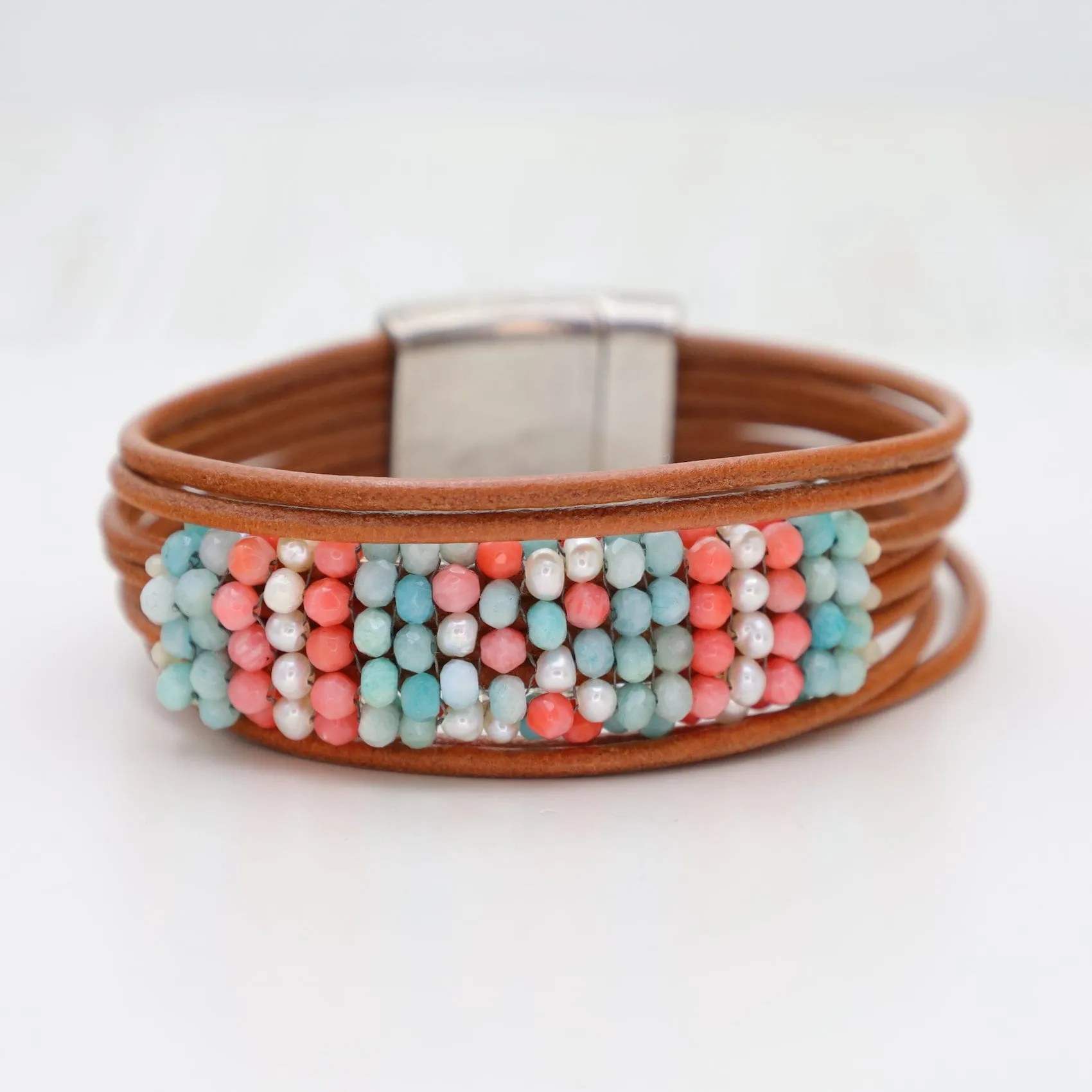 Hand Stitched Amazonite, Pearl & Coral Bracelet