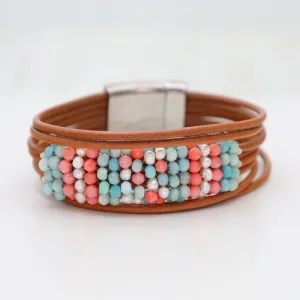 Hand Stitched Amazonite, Pearl & Coral Bracelet