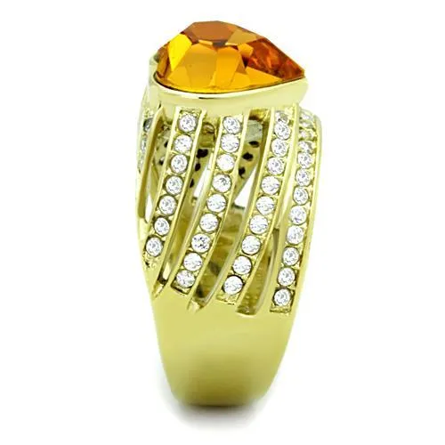 IP Gold(Ion Plating) Stainless Steel Ring with Top Grade Crystal in Topaz for Women Style TK1563