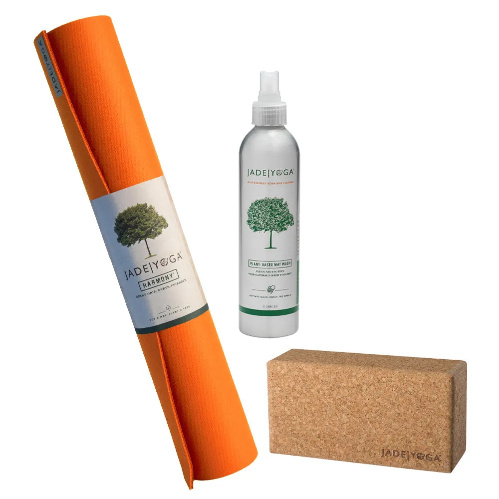 Jade Yoga Harmony Mat - Orange & Jade Yoga Cork Yoga Block - Small   Jade Yoga Plant Based Mat Wash - 8 oz Starter Kit