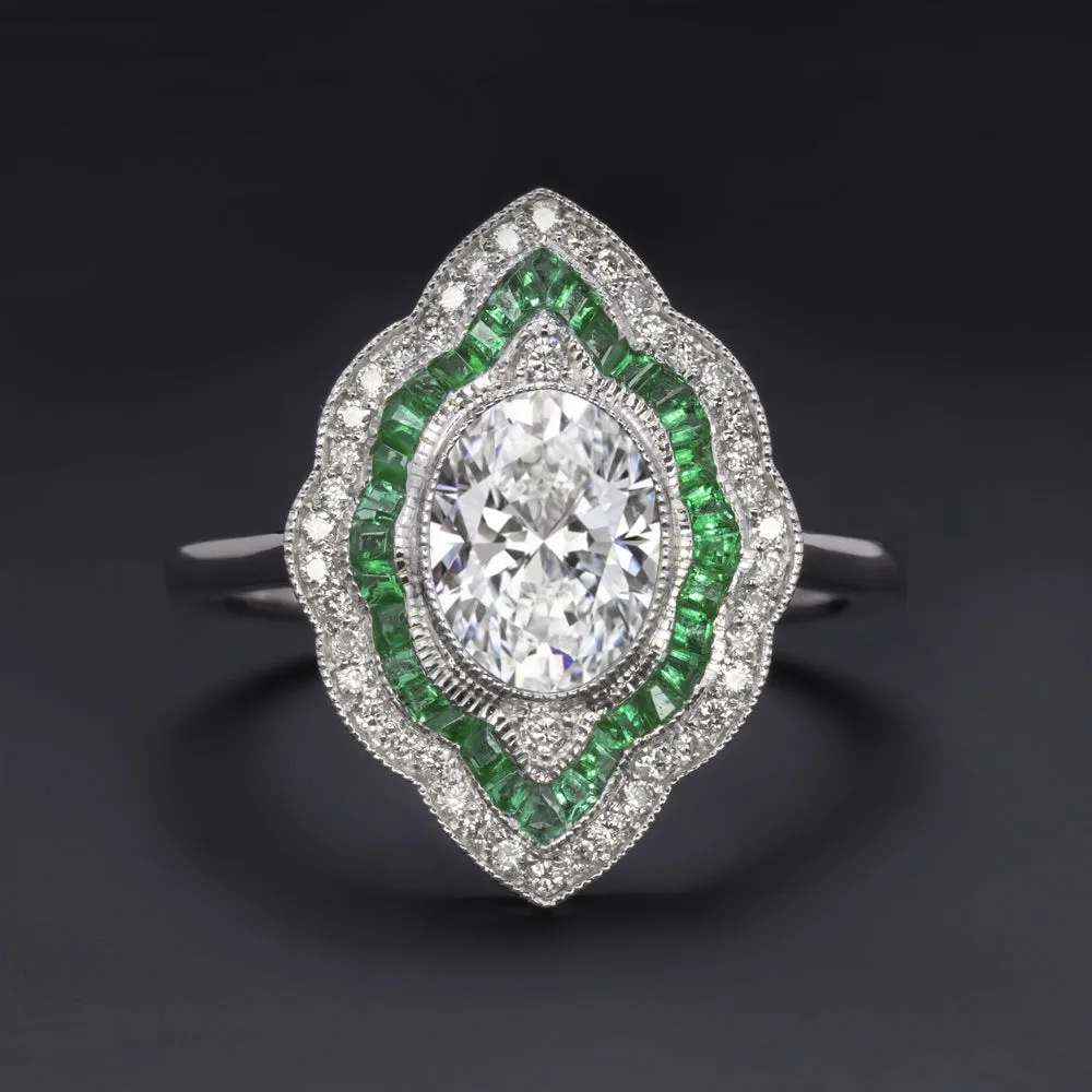 LAB CREATED DIAMOND EMERALD COCKTAIL RING VINTAGE STYLE SCALLOPED HALO OVAL