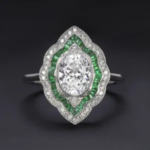 LAB CREATED DIAMOND EMERALD COCKTAIL RING VINTAGE STYLE SCALLOPED HALO OVAL