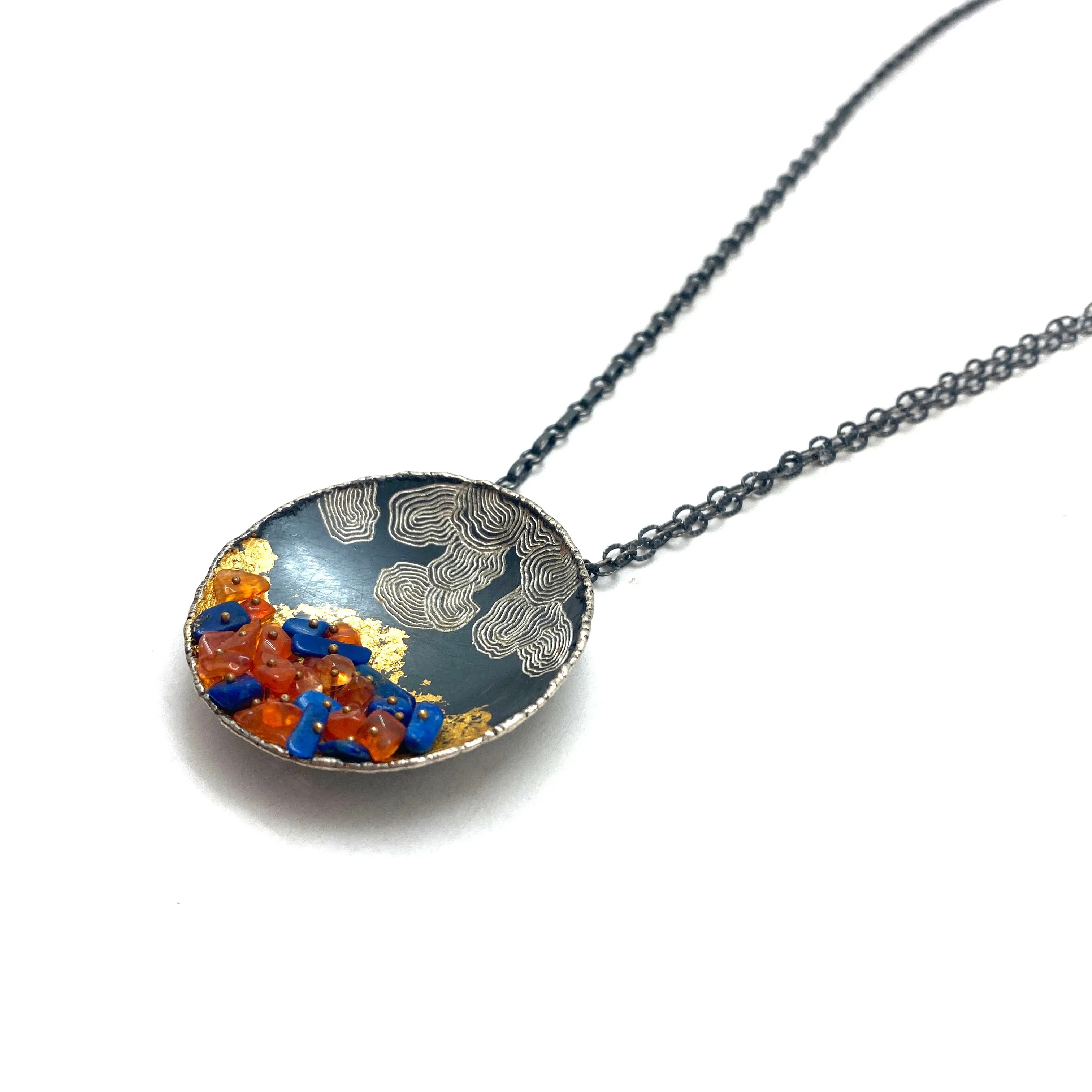 Lapis and Carnelian Sterling Silver and Gilded Disc Pendant