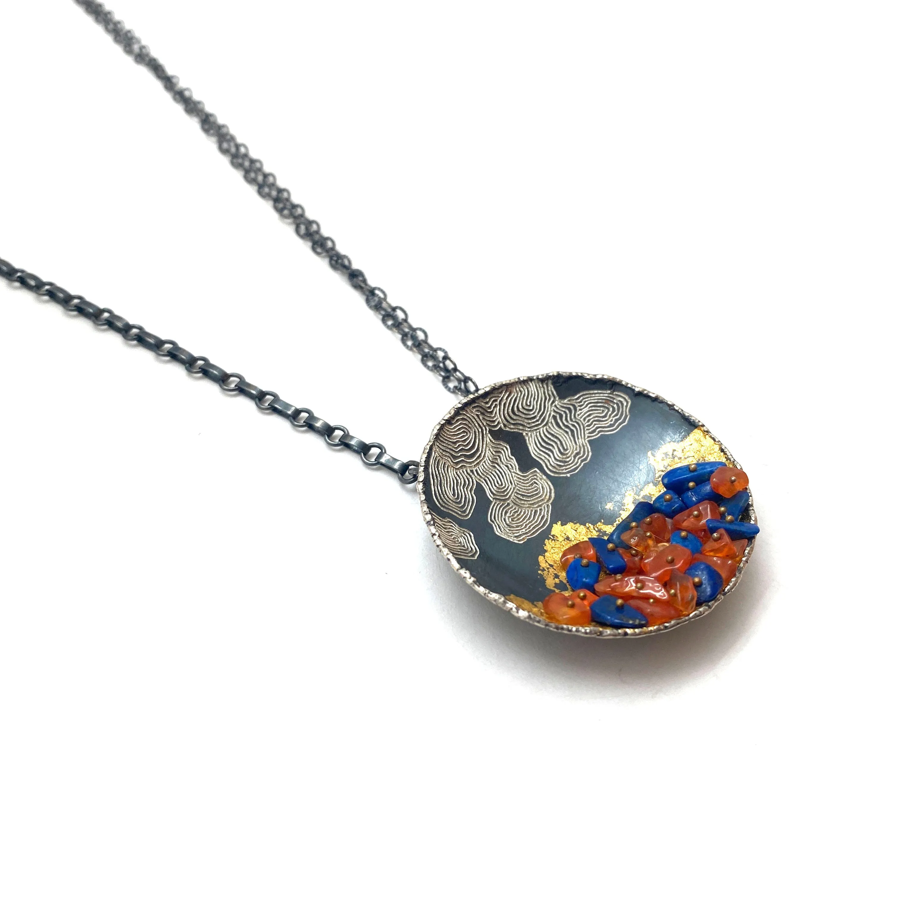 Lapis and Carnelian Sterling Silver and Gilded Disc Pendant