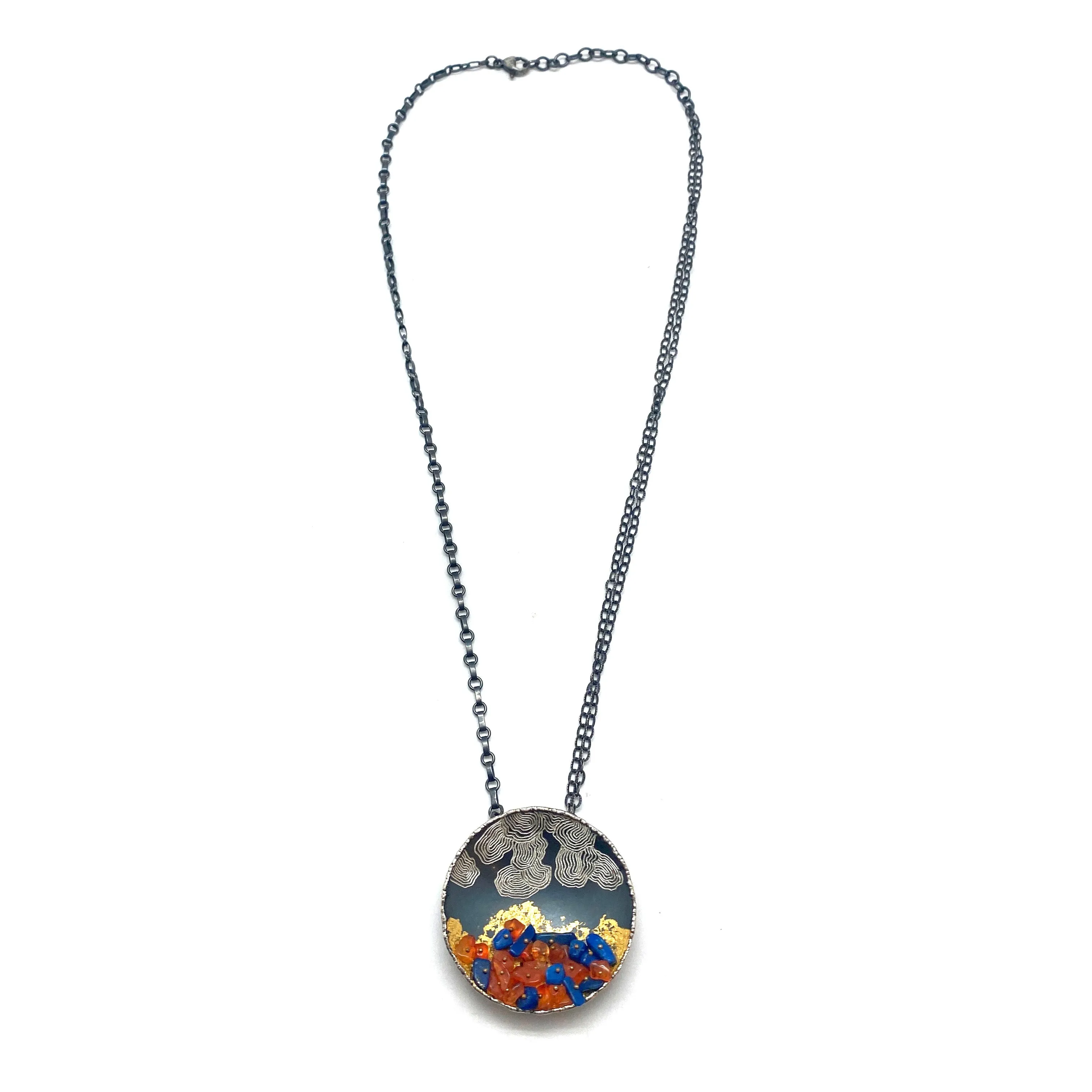 Lapis and Carnelian Sterling Silver and Gilded Disc Pendant