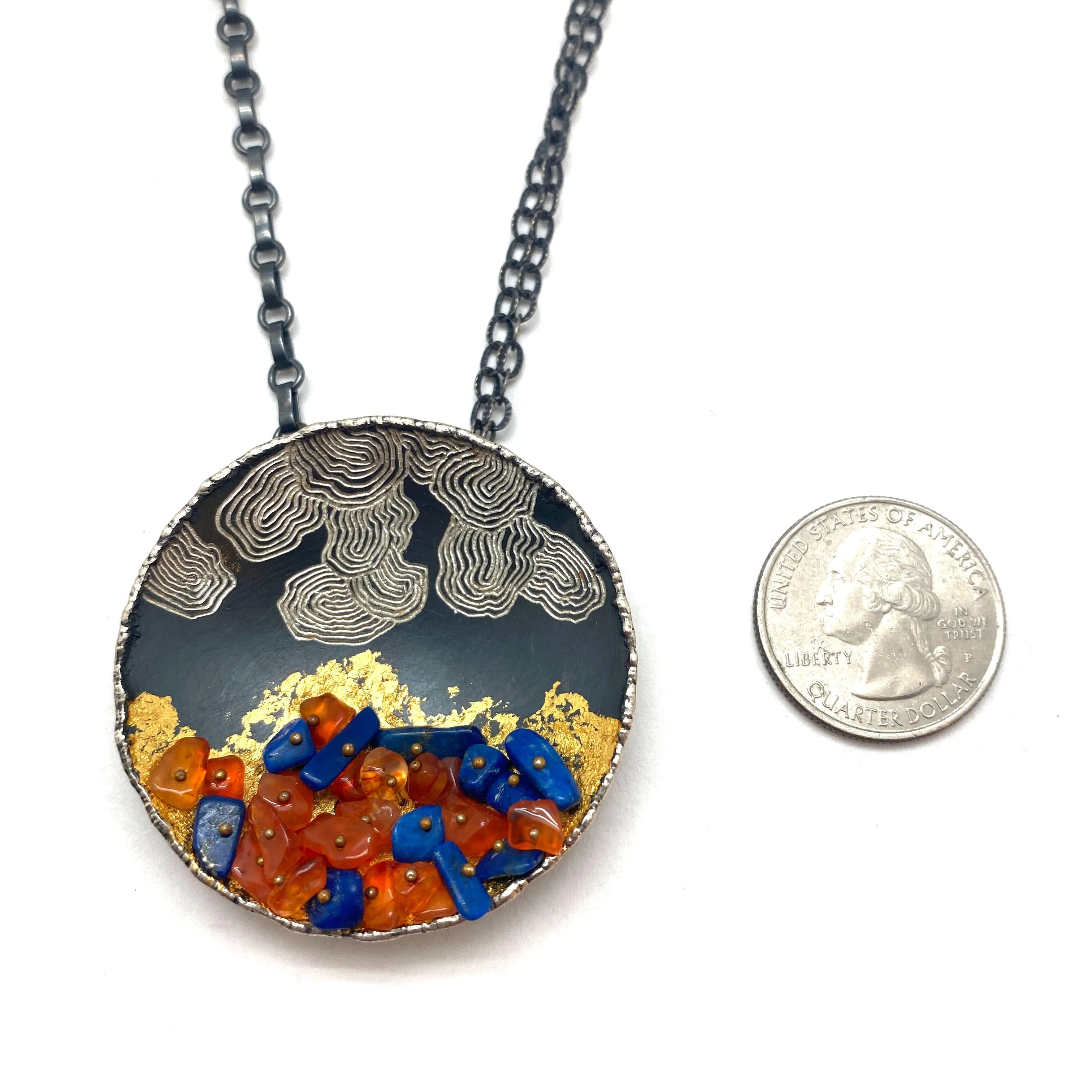 Lapis and Carnelian Sterling Silver and Gilded Disc Pendant