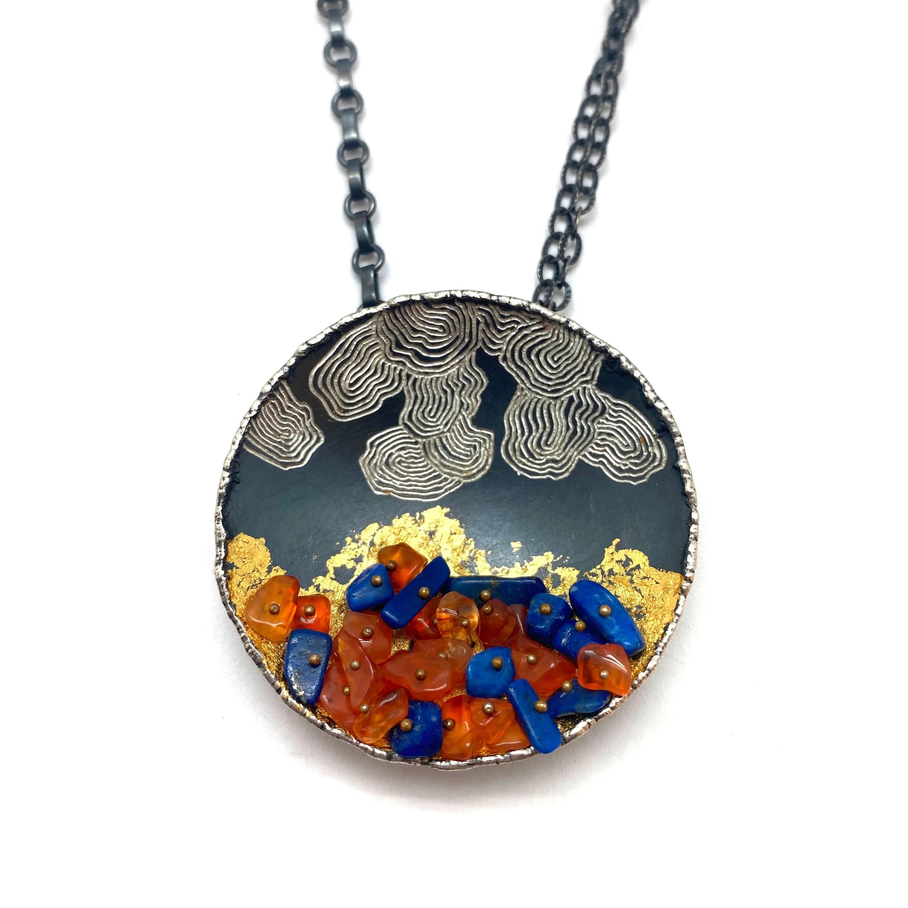 Lapis and Carnelian Sterling Silver and Gilded Disc Pendant