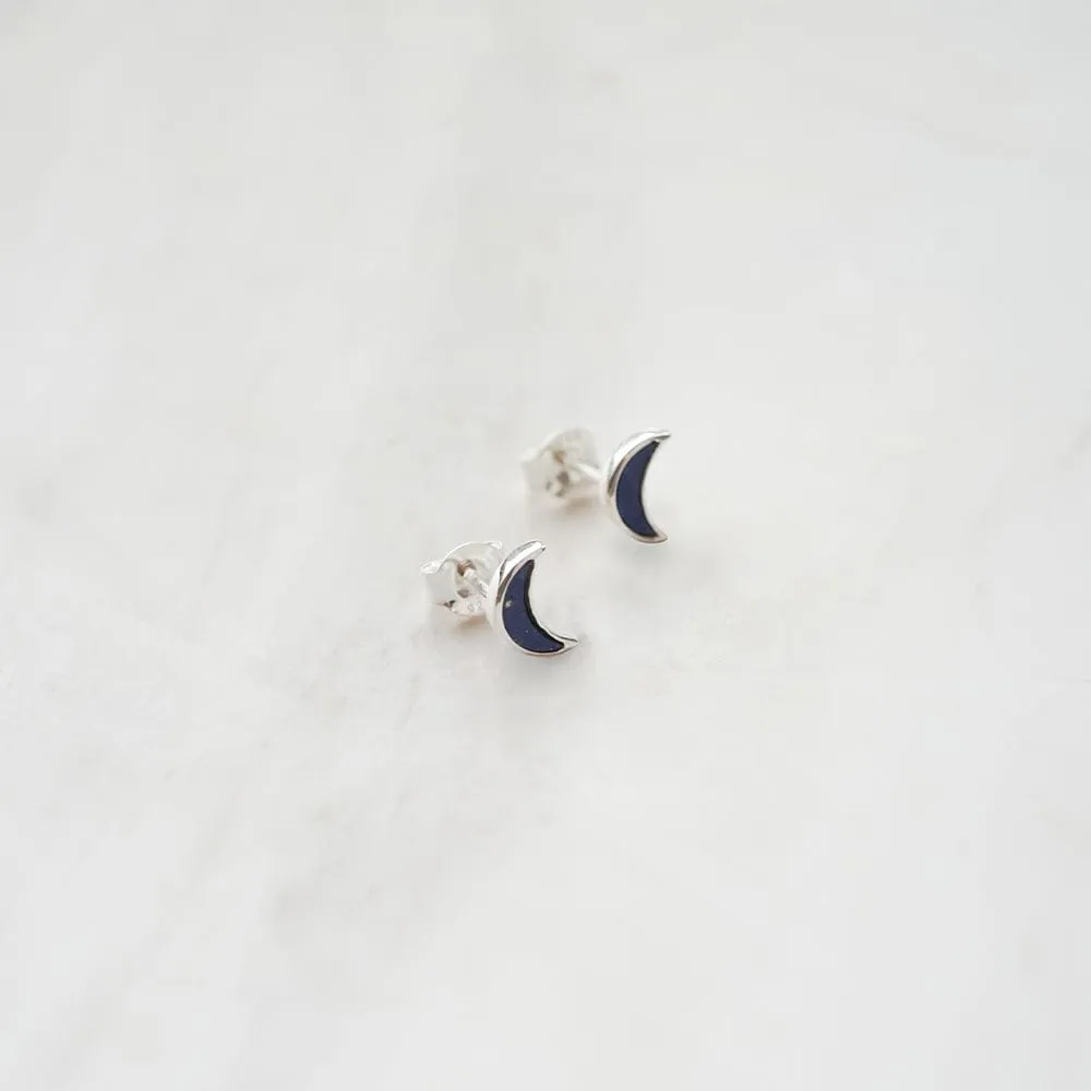 Lapis Moon Stud Earrings Sterling Silver