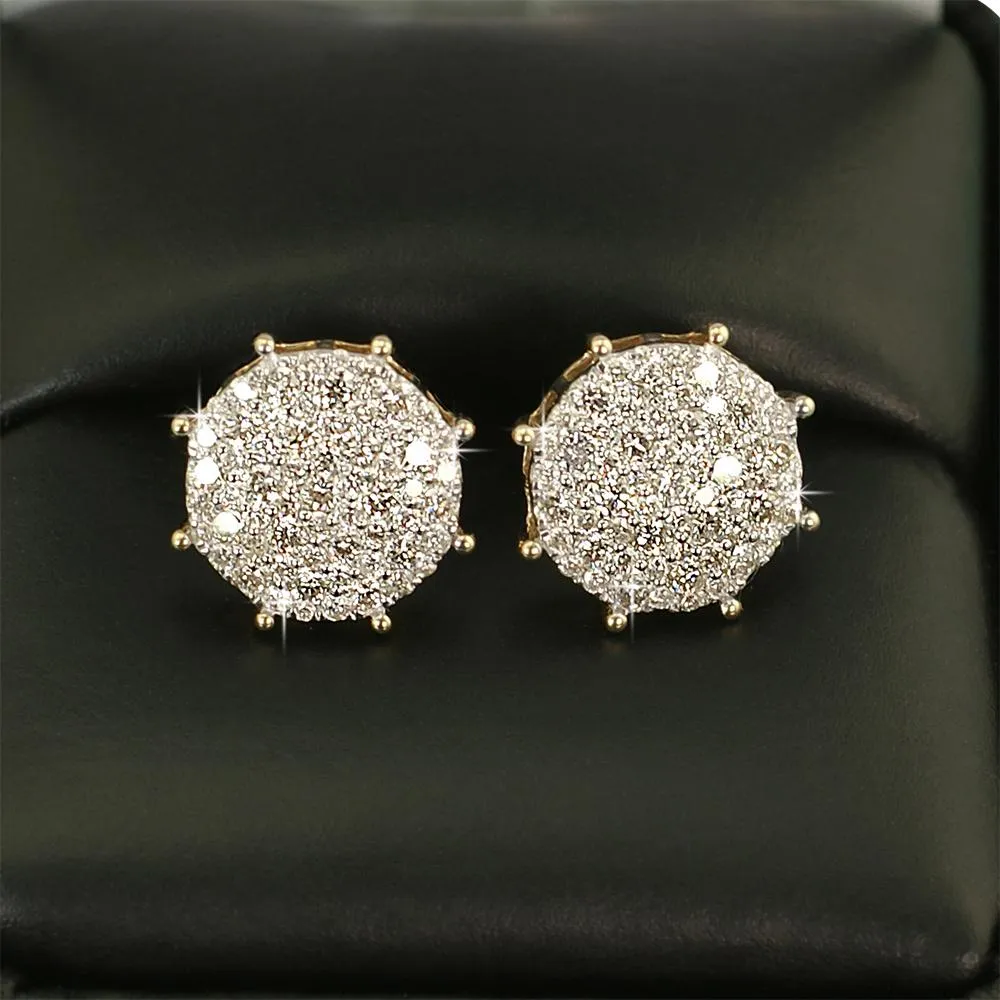 Large Pave Stud Diamond Earrings 1.25cttw 10K Yellow Gold