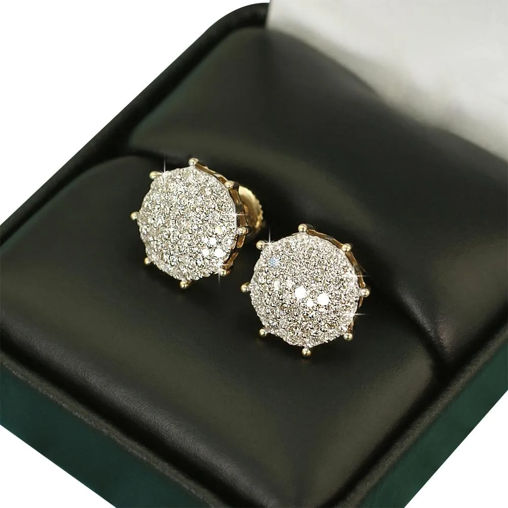 Large Pave Stud Diamond Earrings 1.25cttw 10K Yellow Gold