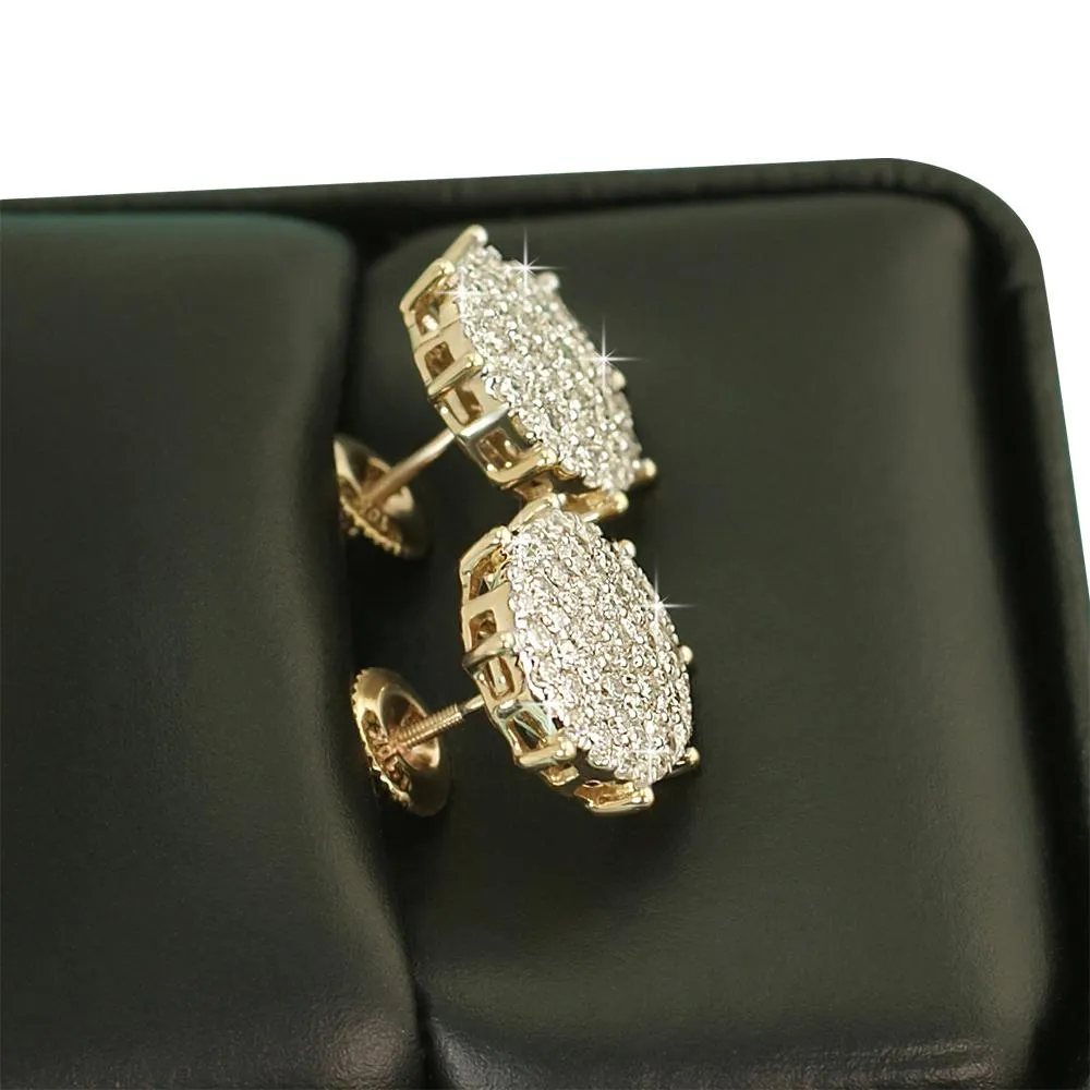 Large Pave Stud Diamond Earrings 1.25cttw 10K Yellow Gold