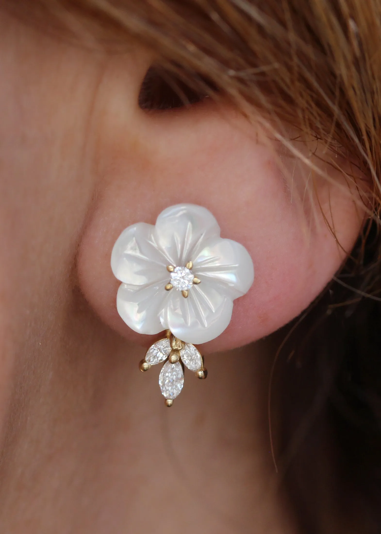 Large Pearl Flower Marqusie Diamond Stud Earring, Bridal Earrings