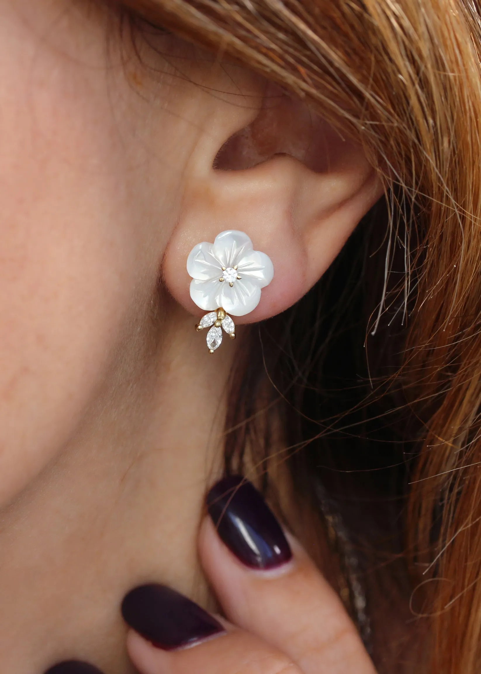 Large Pearl Flower Marqusie Diamond Stud Earring, Bridal Earrings