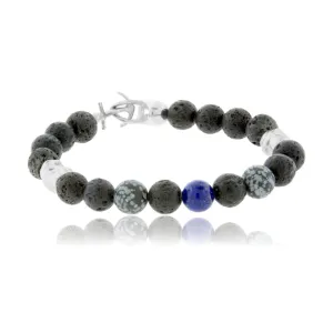 Lava Rock, Snowflake Obsidian, Lapis & Sterling Silver Skull Bracelet with Skull & Anchor Clasp