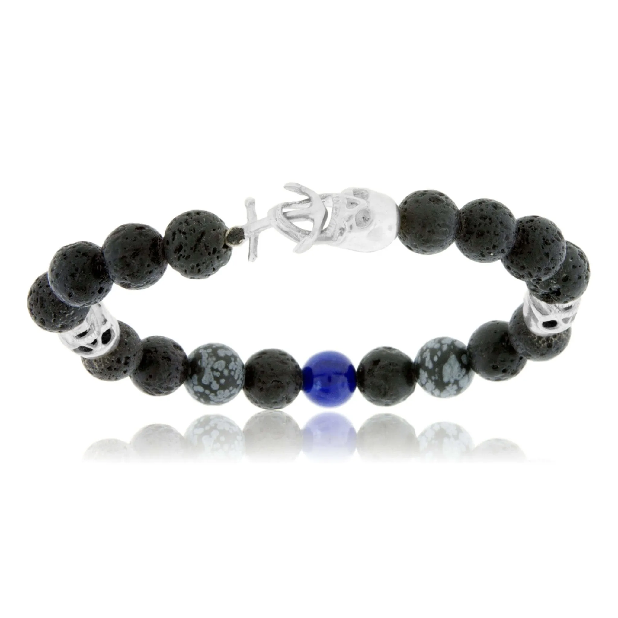 Lava Rock, Snowflake Obsidian, Lapis & Sterling Silver Skull Bracelet with Skull & Anchor Clasp