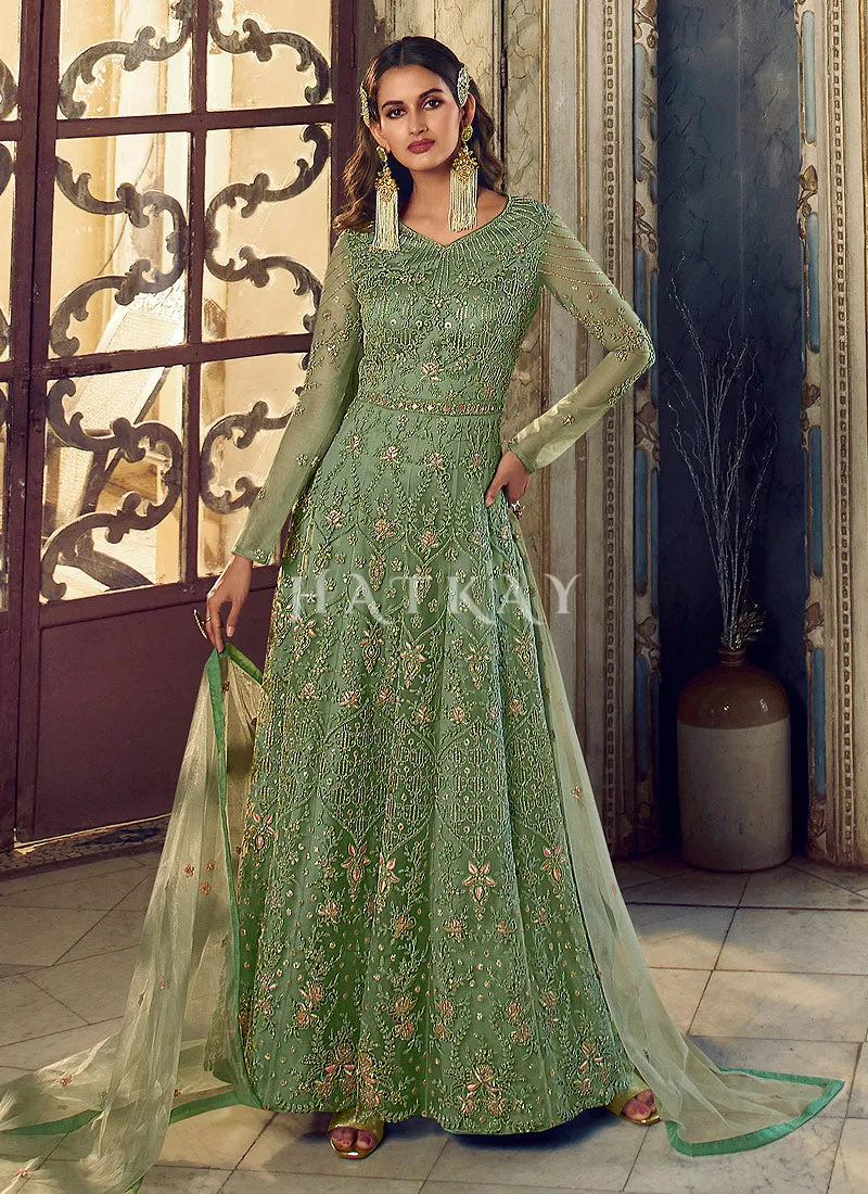 Light Green Embroidered Traditional Net Anarkali Suit