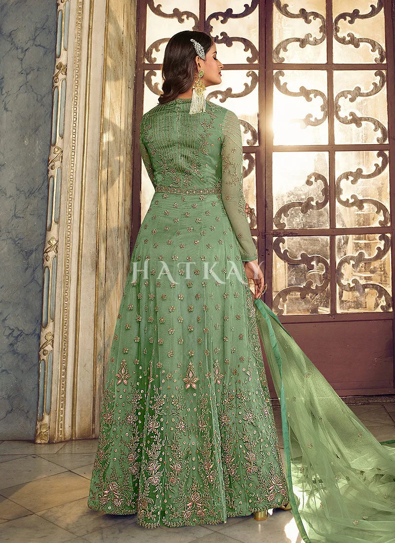 Light Green Embroidered Traditional Net Anarkali Suit