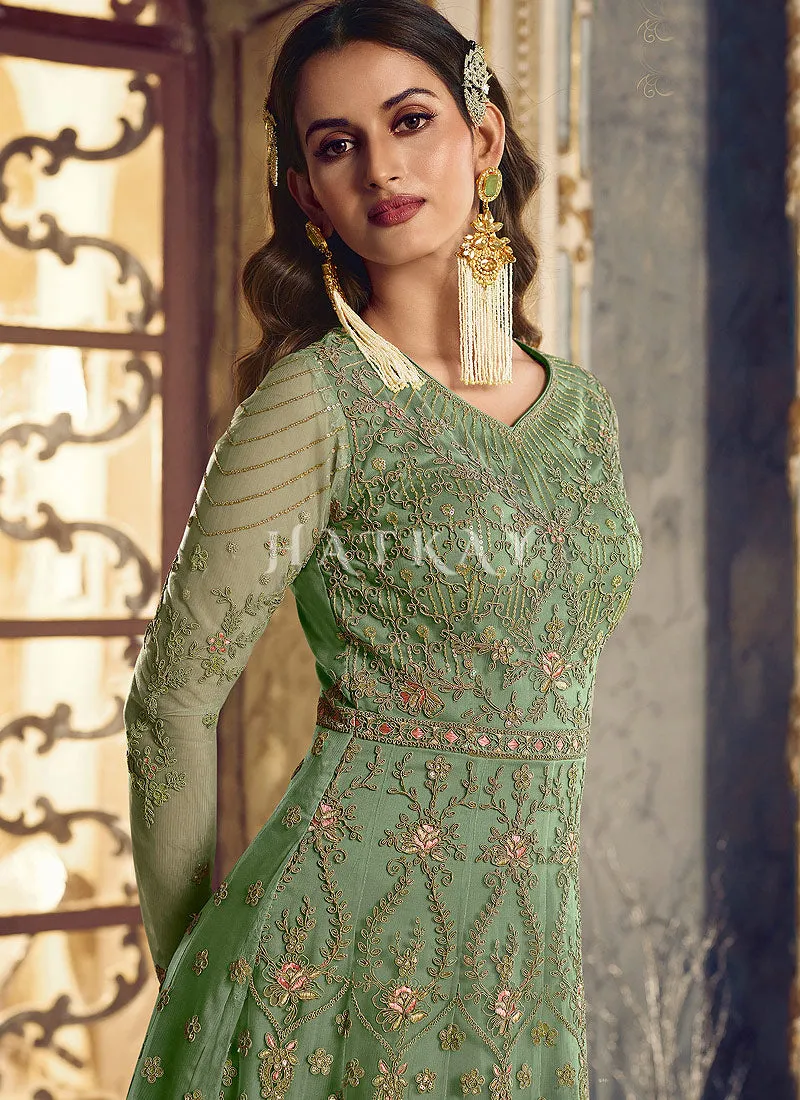 Light Green Embroidered Traditional Net Anarkali Suit