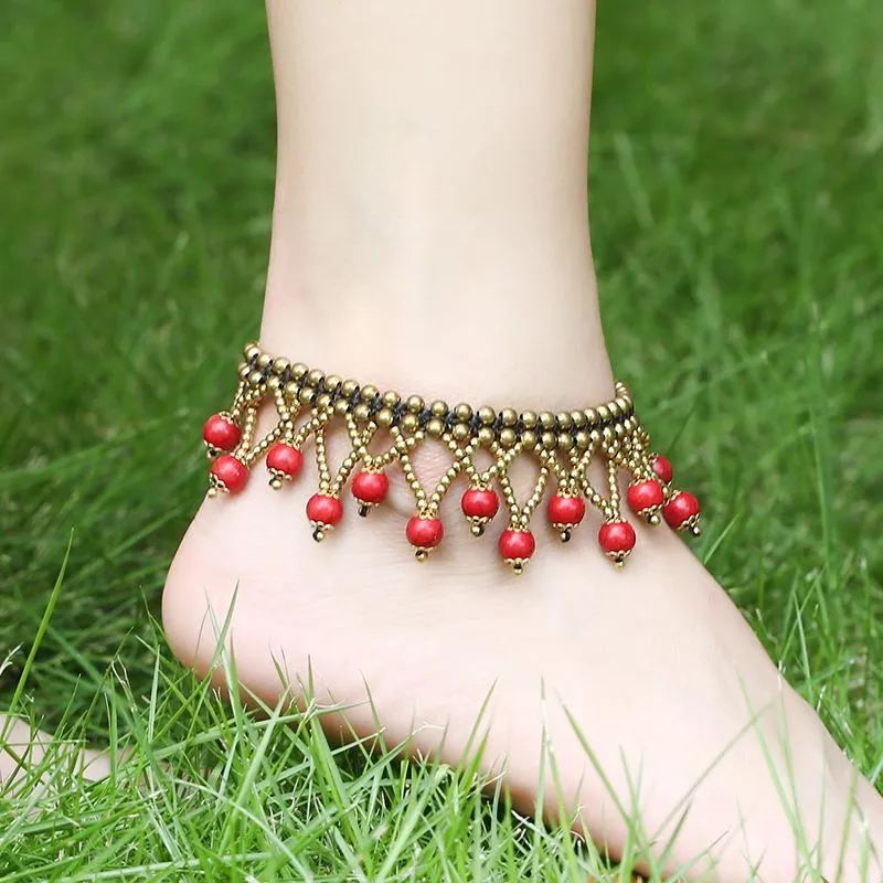 National wind foot decoration beach new multi-layer ball beads turquoise woven anklet female retro original