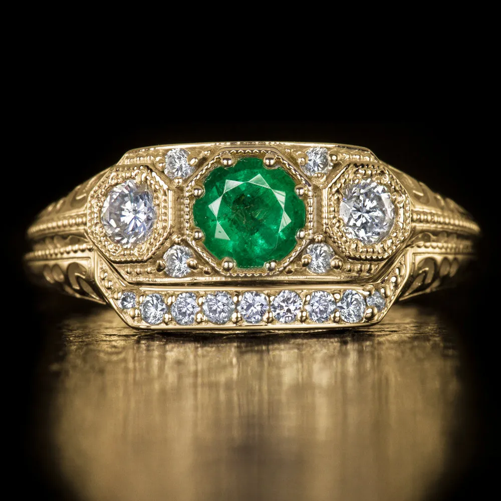 NATURAL EMERALD DIAMOND ART DECO RING VINTAGE STYLE YELLOW GOLD GREEN COCKTAIL