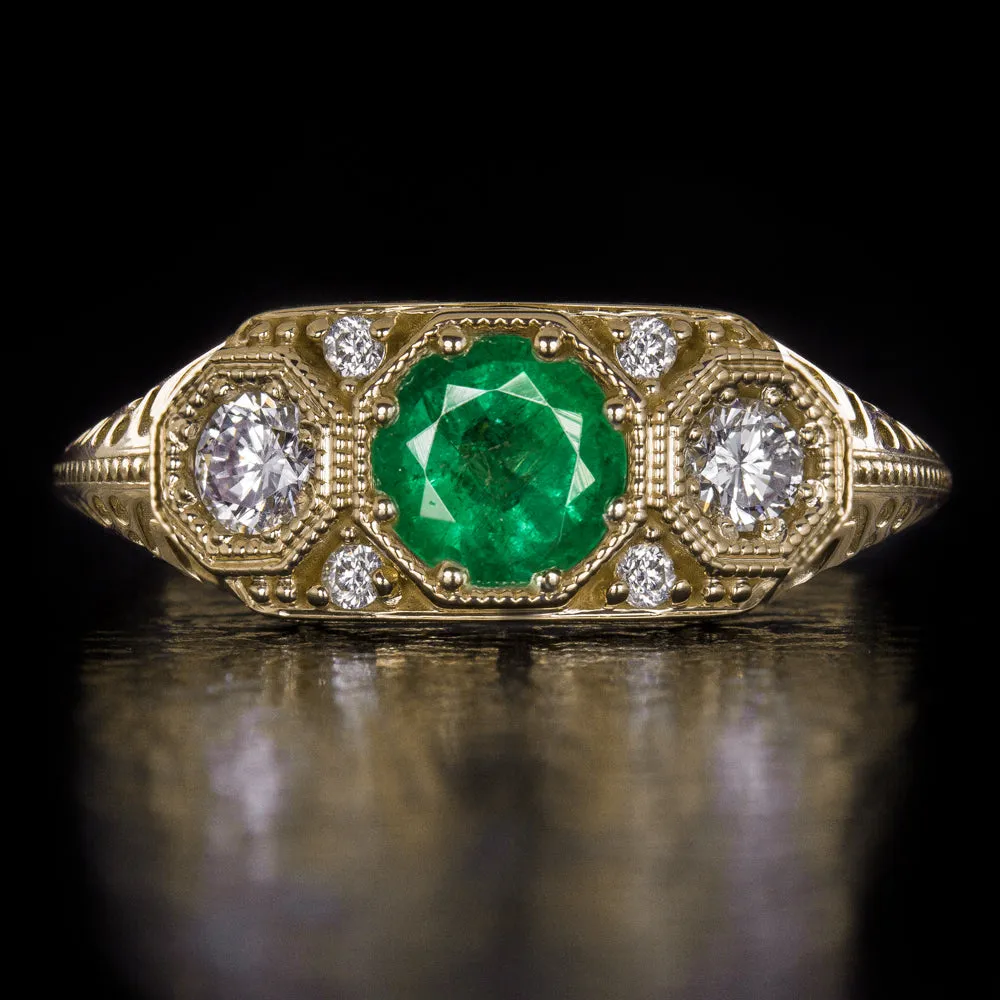 NATURAL EMERALD DIAMOND ART DECO RING VINTAGE STYLE YELLOW GOLD GREEN COCKTAIL