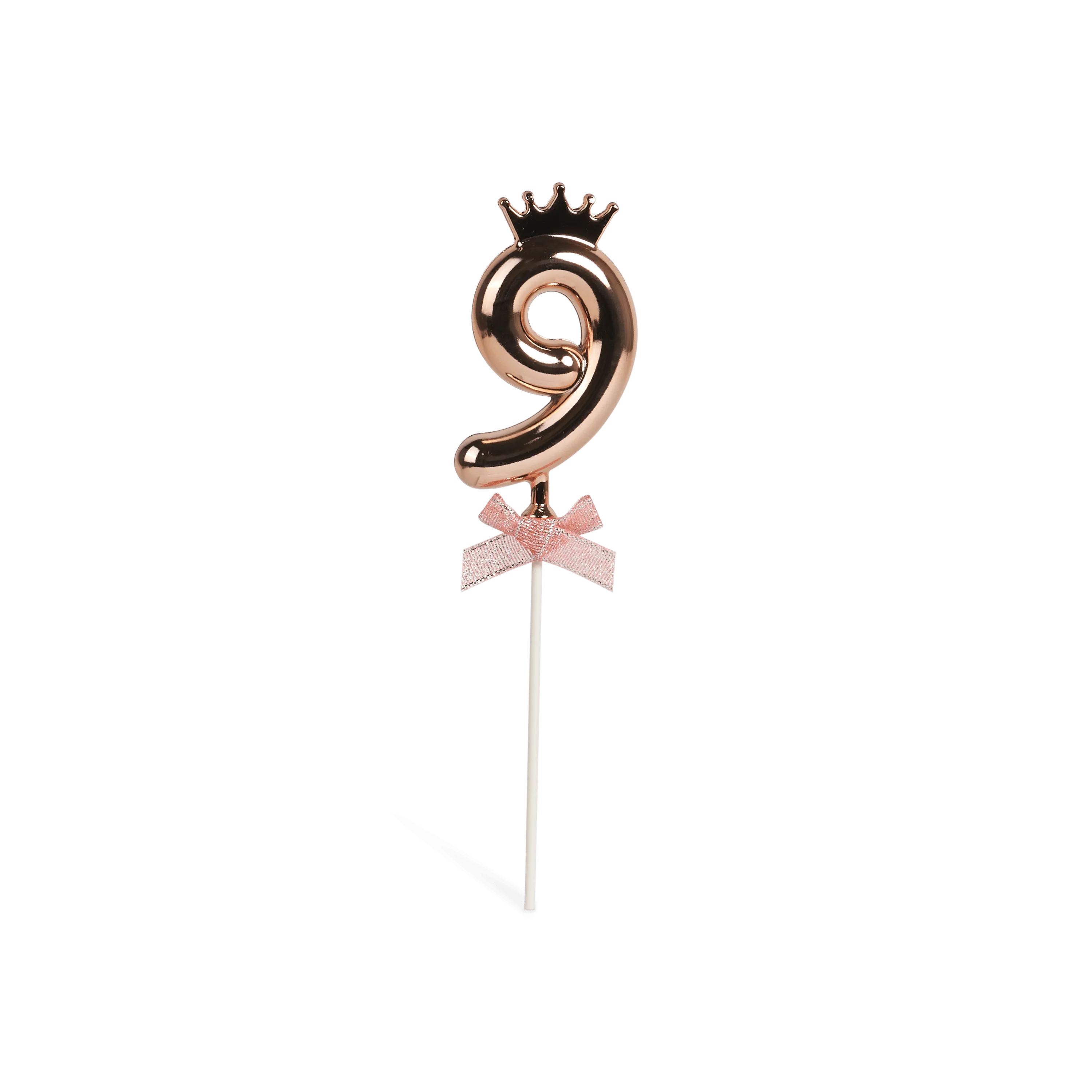 Number 9 on a stick with a rose gold crown