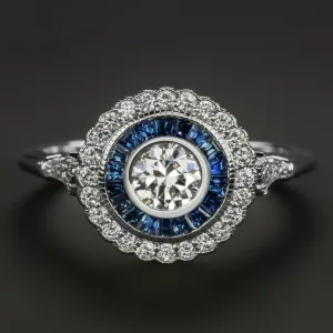 OLD EUROPEAN CUT DIAMOND SAPPHIRE COCKTAIL RING VINTAGE STYLE HALO WHITE GOLD