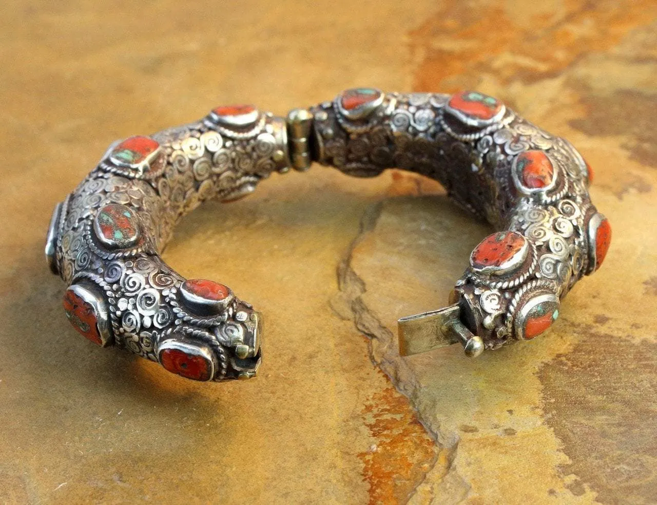 One of a Kind Antique Coral Hinged Bracelet