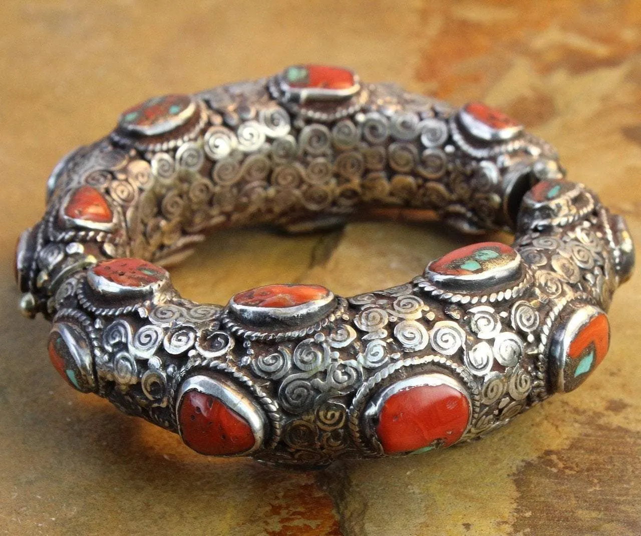 One of a Kind Antique Coral Hinged Bracelet