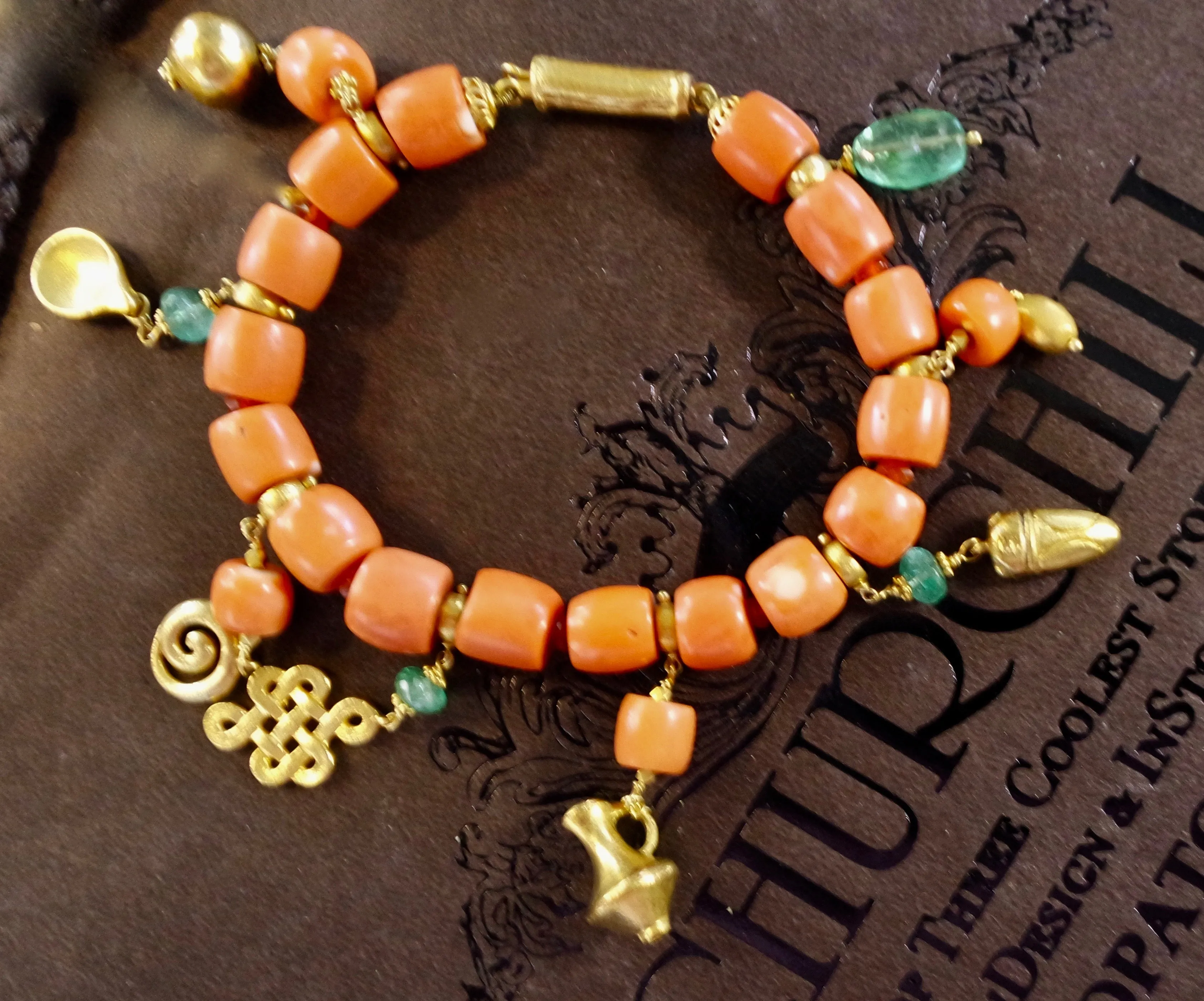 Paola Ferro Charm Bracelet of Antique Coral, Emeralds, and 18K Yellow Gold- One of a Kind