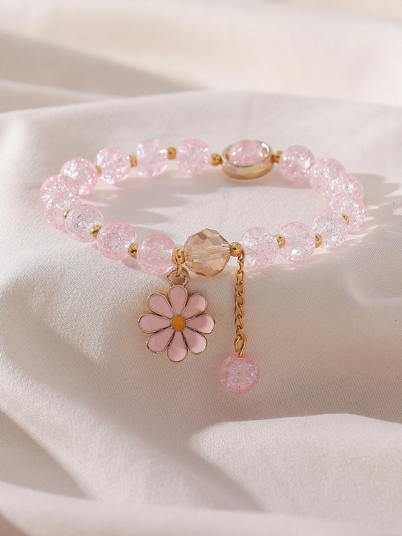 Pink Flower Charm Beaded Bracelet Women Bracelet Stackable Bracelet Crafted