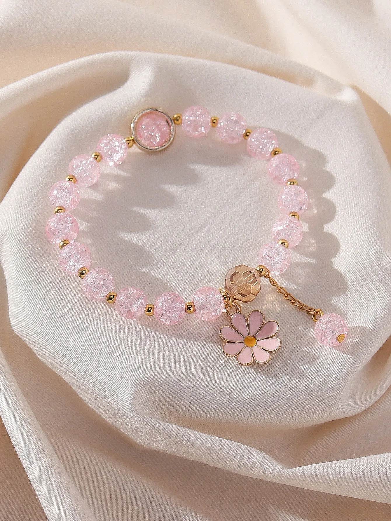 Pink Flower Charm Beaded Bracelet Women Bracelet Stackable Bracelet Crafted