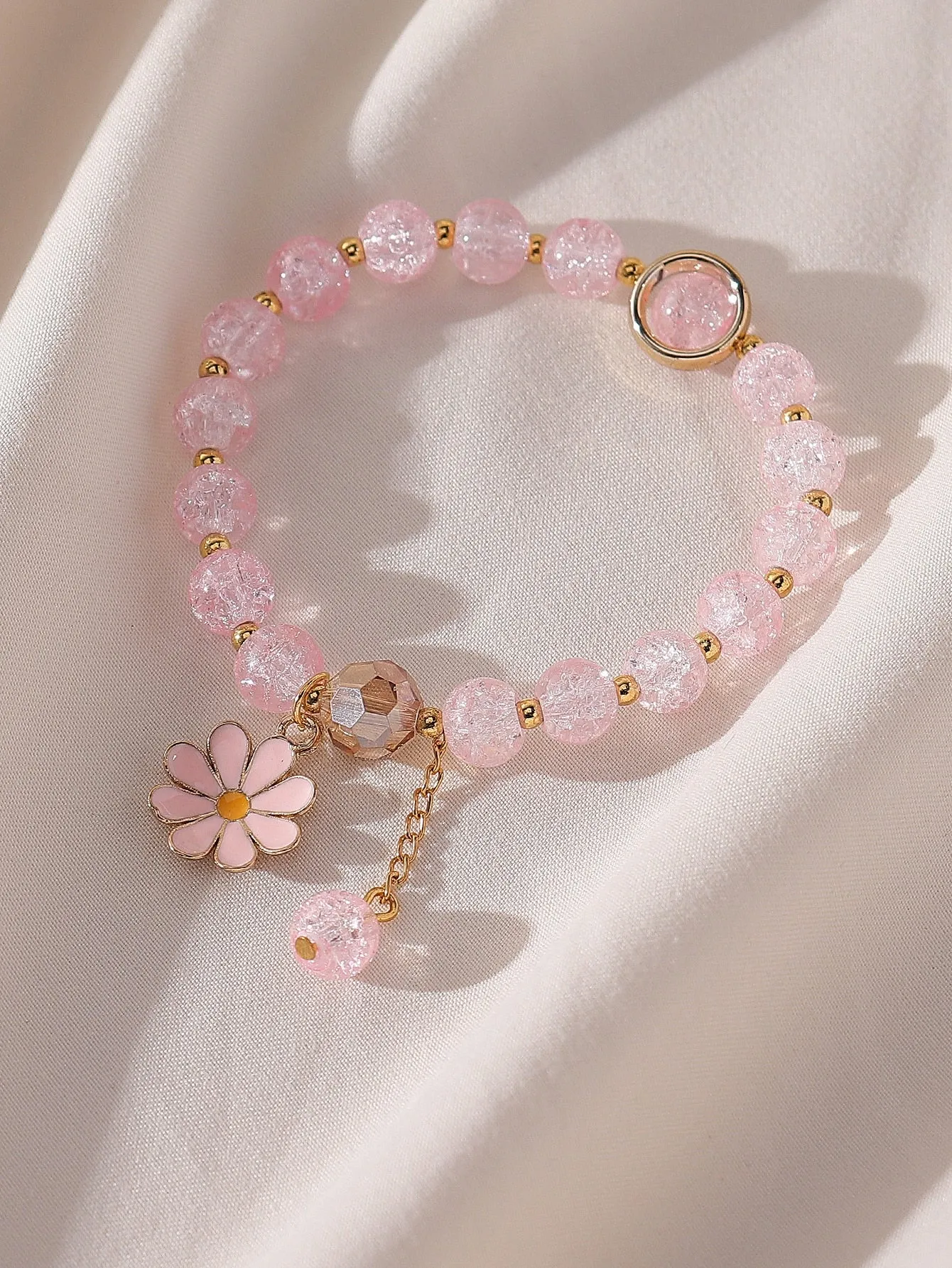 Pink Flower Charm Beaded Bracelet Women Bracelet Stackable Bracelet Crafted